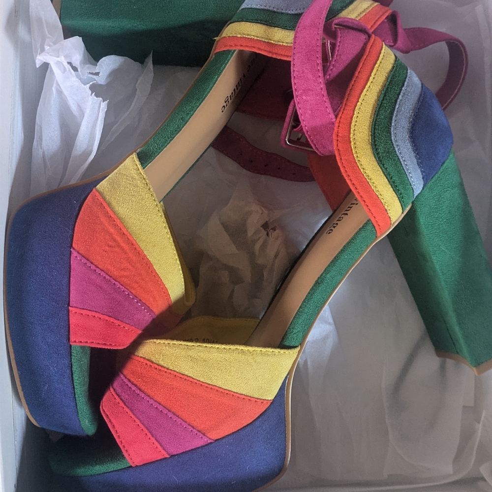 Unique Vintage Rainbow Multicolor Platform Heels